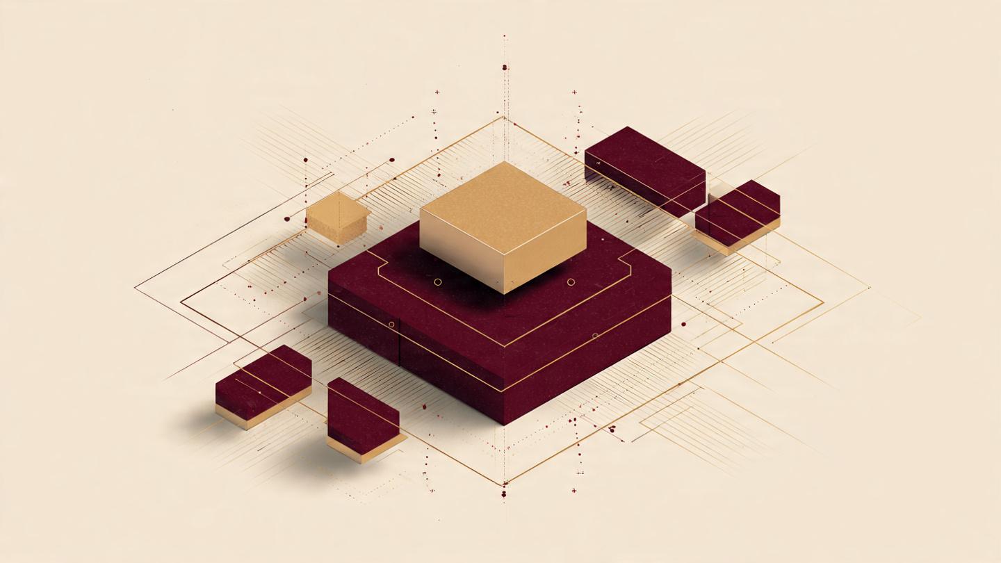 Isometric diagram of Finbium as middleware — a central core engine on a maroon platform with its modules arranged around it, connected by integration paths.
